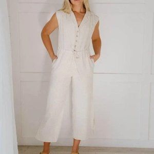 Promesa Linen | Cotton Cropped Ankle Style Jumpsuit Natural Linen Color Size S